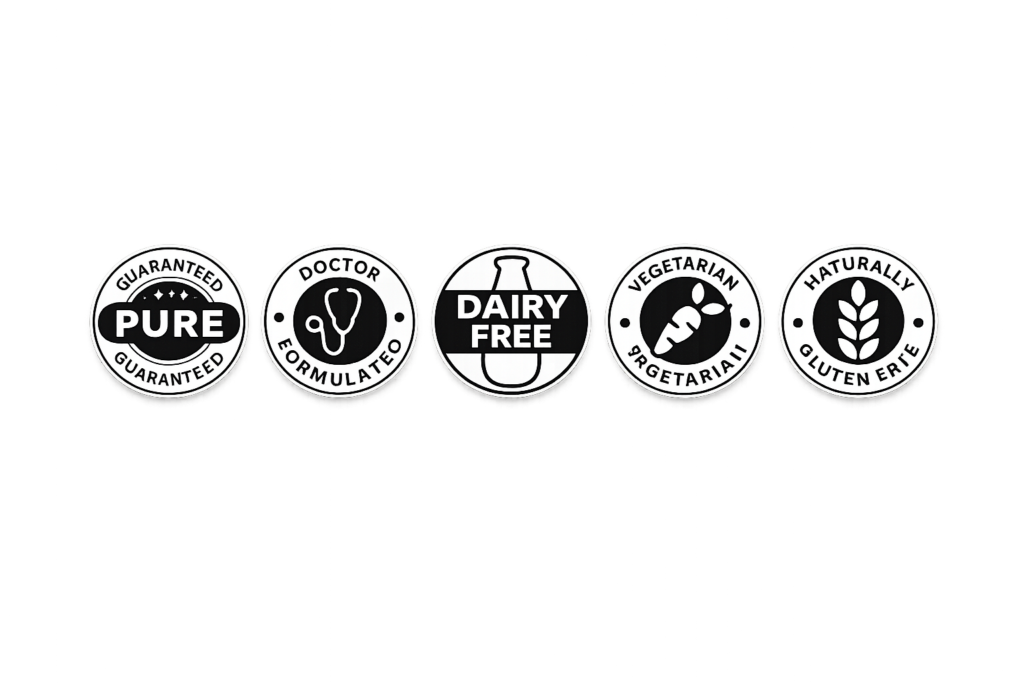 Quality certification seals highlighting purity, doctor formulated, dairy free, vegetarian and natural ingredients