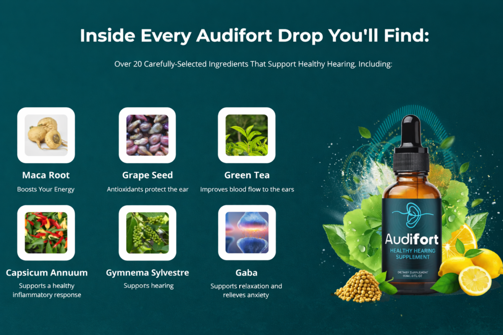 Audifort ingredient section displaying natural plant extracts used in hearing support formula
