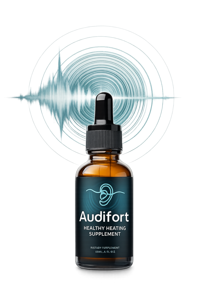 Audifort official bottle hearing support supplement with sound wave target design transparent background