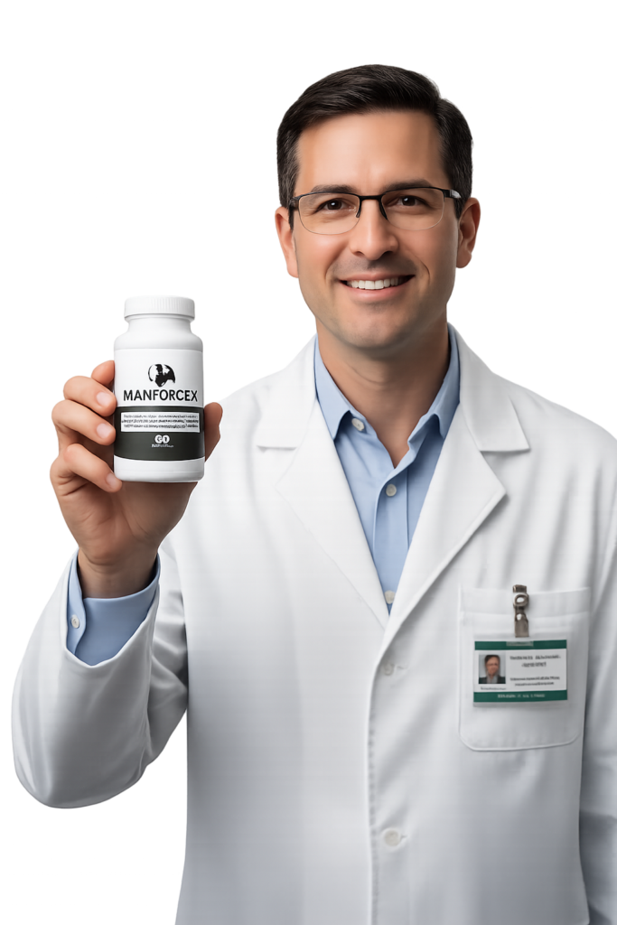 Professional holding a ManForceX supplement bottle in a neutral product presentation setting